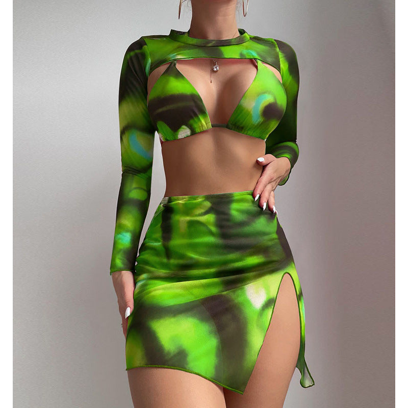 Damen Modisches Crop-Top mit Langen Ärmeln und Hoch sitzendem Rock EB