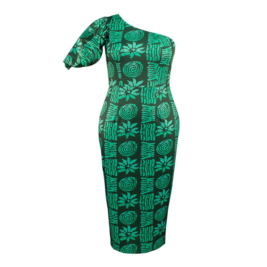 Damen körpernahe Midi-Kleid mit asymmetrischem Schnitt und voluminösen Puffärmeln EB