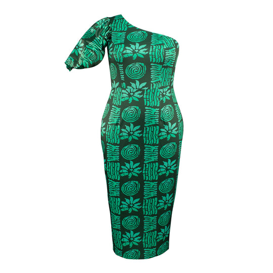 Damen körpernahe Midi-Kleid mit asymmetrischem Schnitt und voluminösen Puffärmeln EB