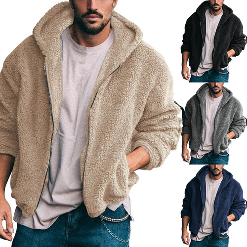 Herren nan Oversized Teddy-Fleece-Kapuzenjacke mit Utility-Ärmeltasche, Frontreißverschluss und elastischem Saum EB
