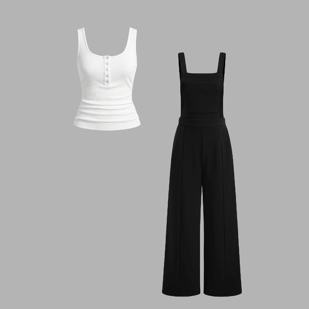 Damen lässiger Tank-Top und weit geschnittenen Latzhose Set EB