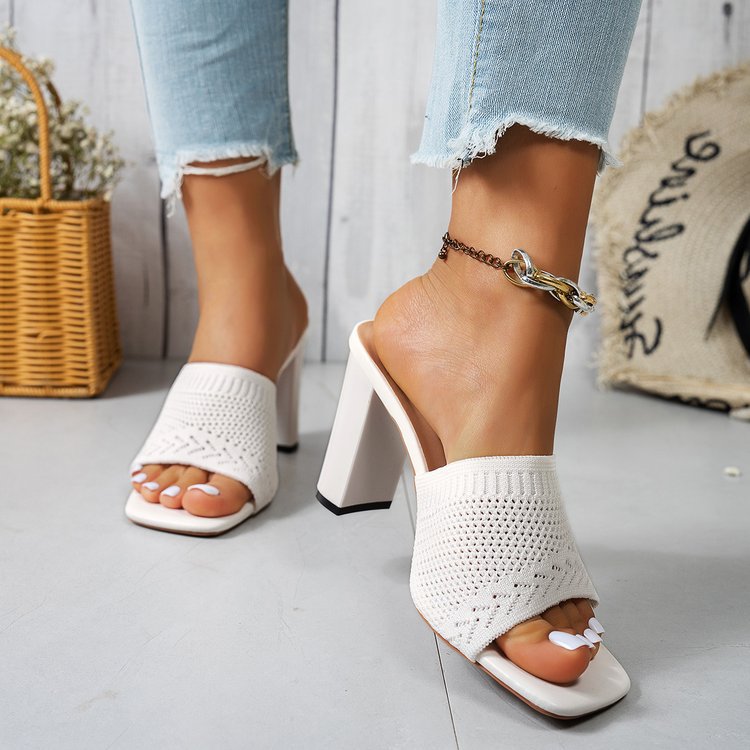 Damen nan gestrickte Sommermule mit niedrigem Blockabsatz und quadratischer Zehenform EB