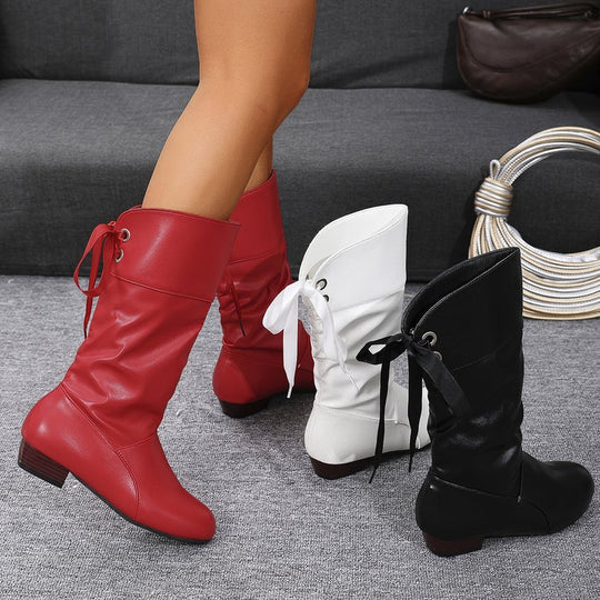 Damen nan schafthöhe Stiefel mit Raffung, rückseitiger Schnürung und niedrigem Blockabsatz EB