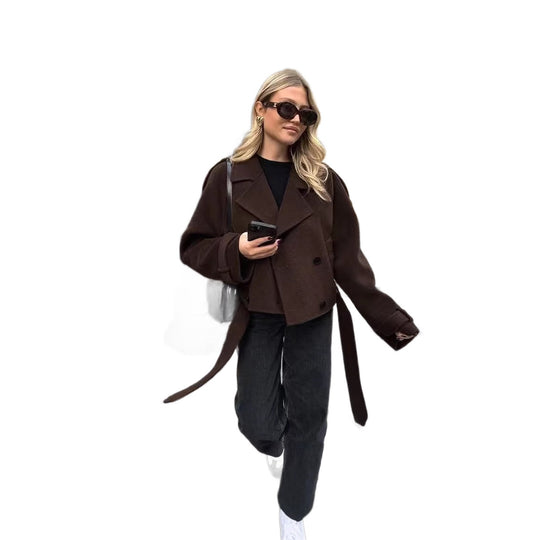 Damen modische cropped Jacke mit breitem Kragen und tailliertem Schnitt EB