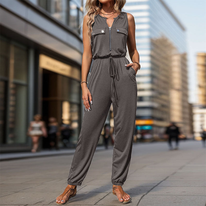 Damen Sportlicher Overall mit Reißverschluss und seitlichen Taschen EB