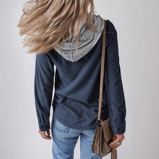 Damen lässige Hemdjacket mit Kapuze und seitlichen Taschen EB