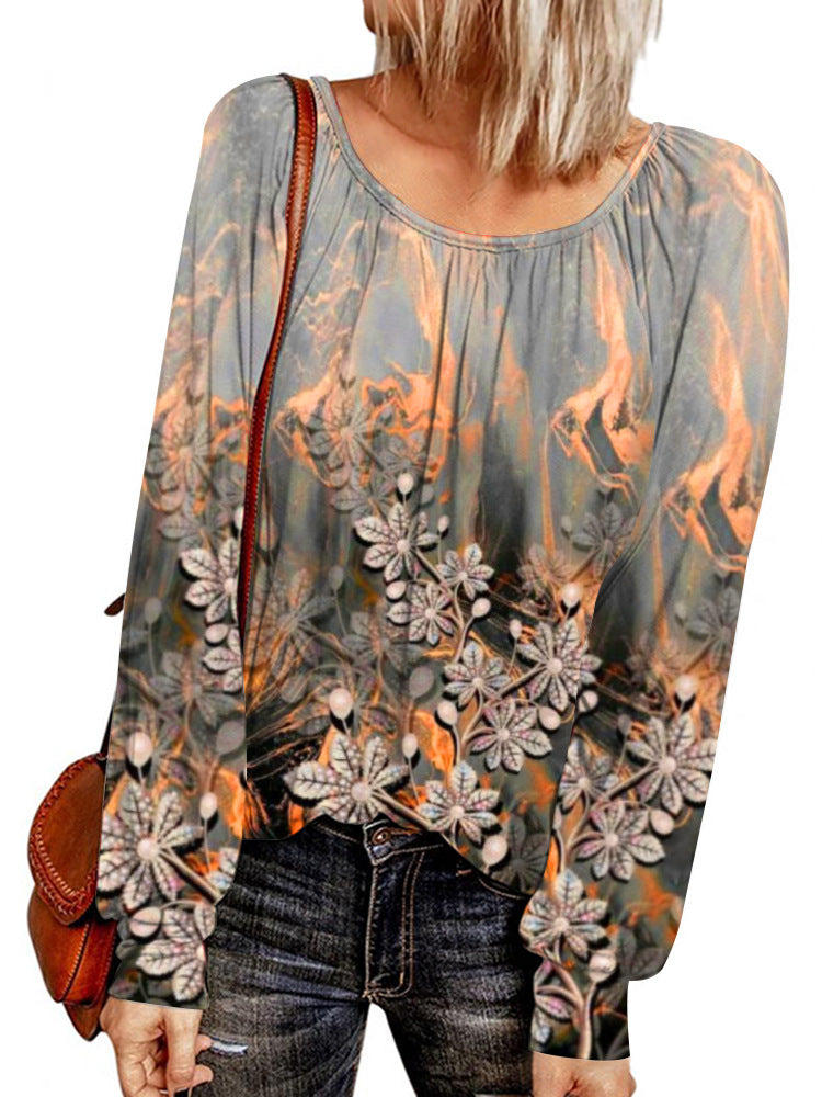 Damen Ethno-Print Oversize-Tunika mit Rundhalsausschnitt und langen Ballonärmeln EB