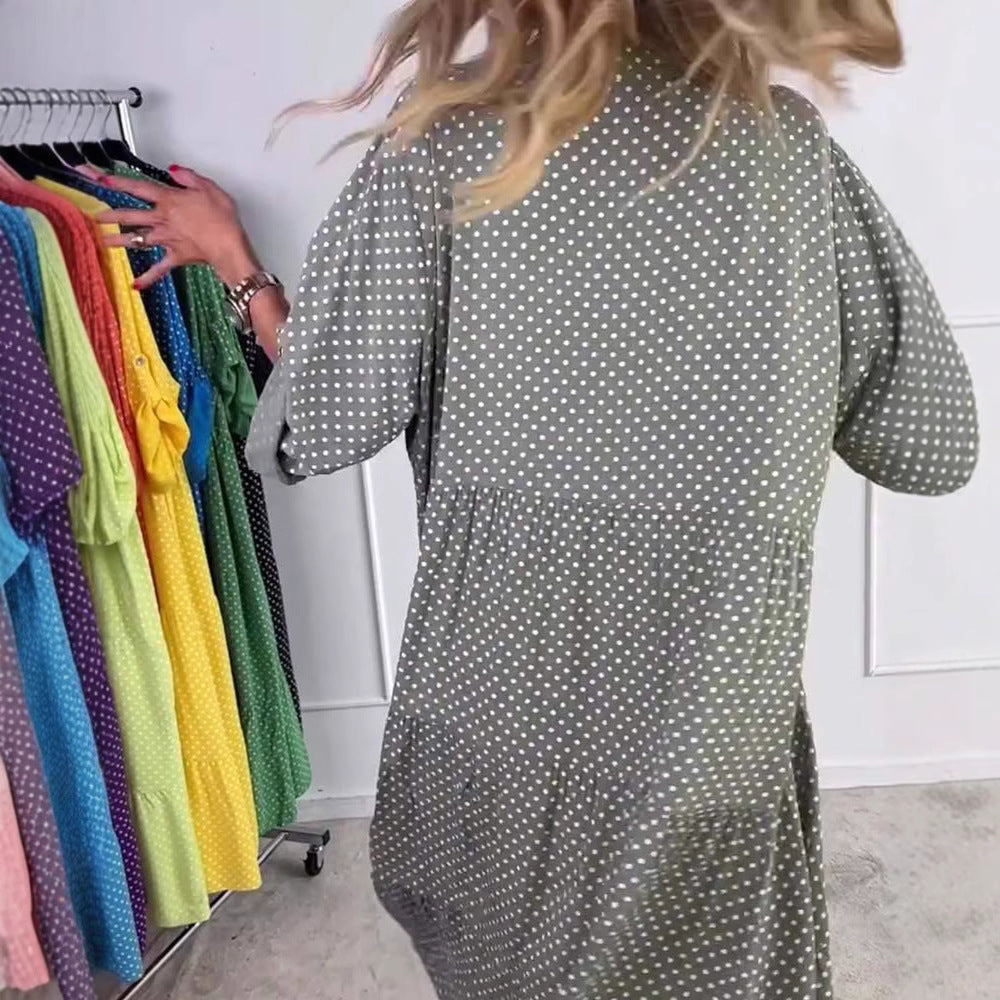 Damen nan lässiges Stufenmidikleid mit Stehkragen, verdeckter Knopfleiste und dreiviertelärmeln EB