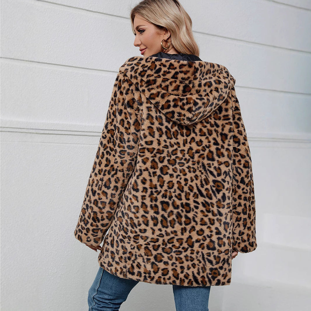 Damen Flauschige Jacke mit modernem Leopardenmuster und bequemen Taschen EB