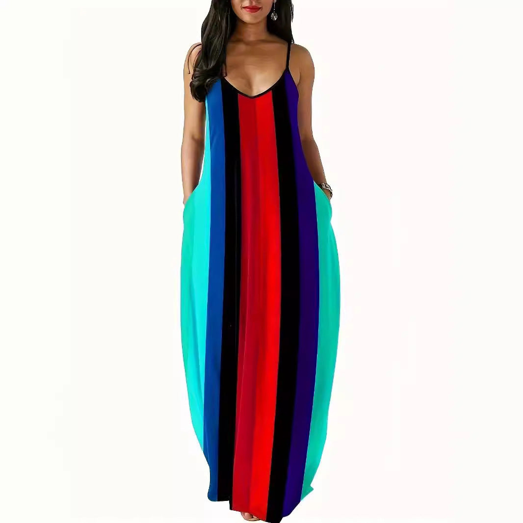 Damen Maxikleid mit tiefem V-Ausschnitt und stilvollem Streifenmuster EB