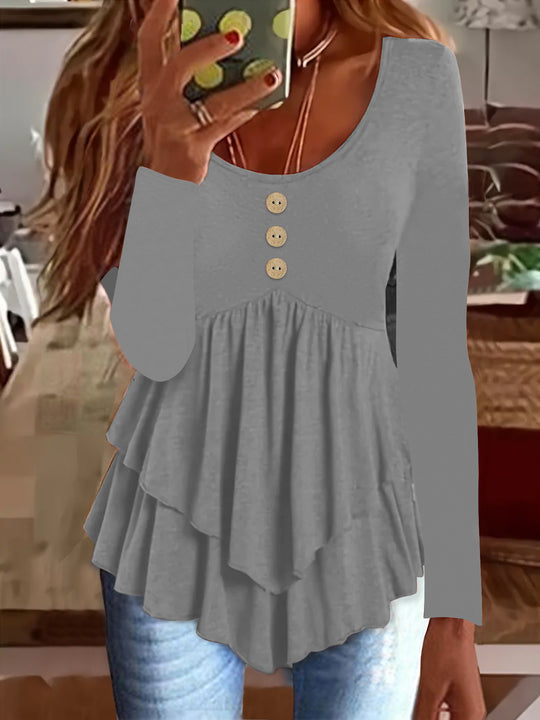Damen Langarm Blusenshirt mit mehrlagigem Design und dekorativen Knopfdetails EB