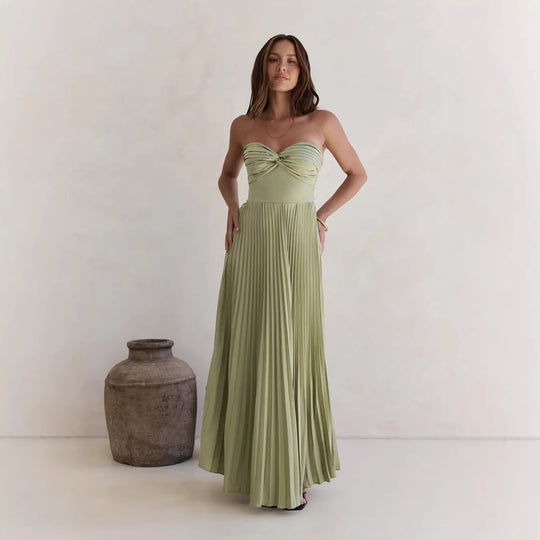 Damen Langärmliges Plisseekleid mit elegantem Oberteil und fließendem Rock EB