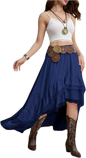Damen Boho Maxi-Rock mit asymmetrischem Saum und Spitzenverzierungen EB
