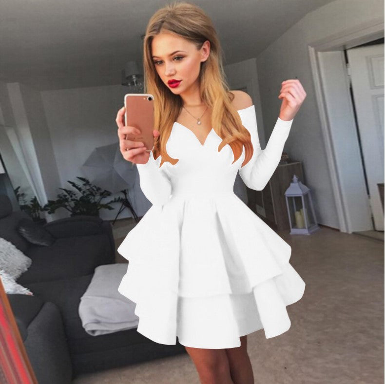 Damen Verspieltes schulterfreies Cocktailkleid mit Volants und tiefem V-Ausschnitt EB