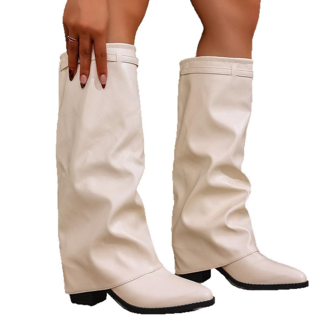 Damen nan kniehohe Slouch-Stiefel mit spitzer Zehenpartie niedrigem Blockabsatz und dekorativem Schaftgurt EB
