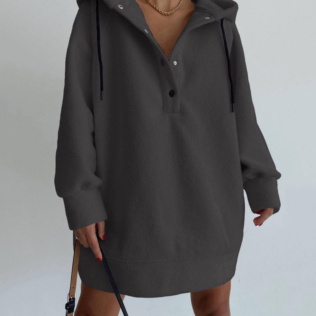 Damen nan kuscheliges Kapuzen-Fleece-Tunika-Sweatshirt mit Druckknopfleiste und überschnittener Schulter EB