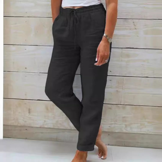 Damen nan lässige Leinenhose mit elastischem Bund und Kordelzug EB