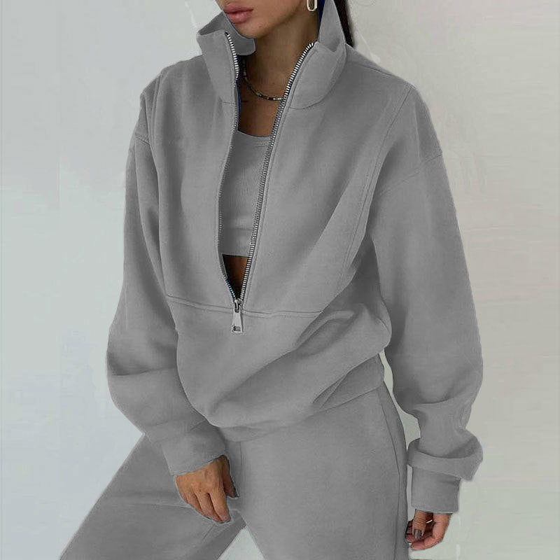 Damen nan kurzes Halbzip-Sweatshirt-und-Jogginghose-Set mit Stehkragen, oversized Schnitt und weichem French-Terry EB