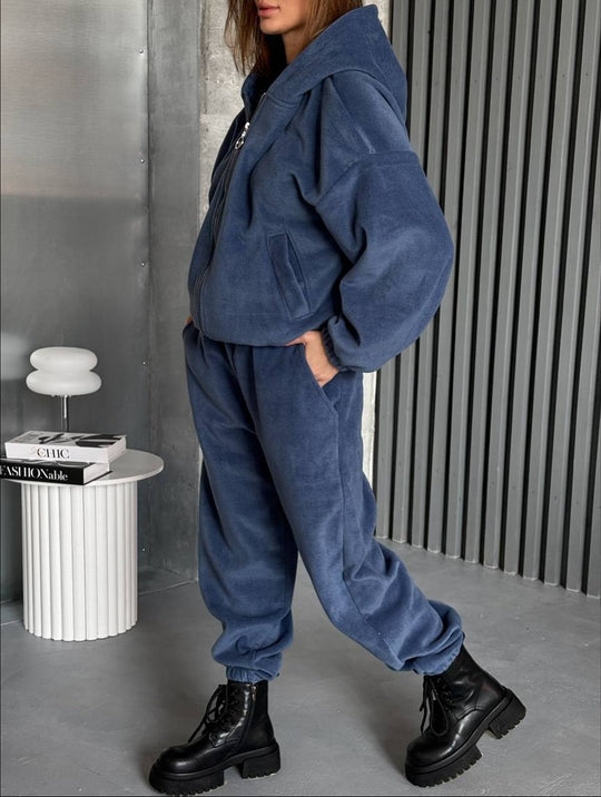 Damen Plüsch-Loungewear-Set mit Reißverschluss-Kapuzenjacke und taillenhoher Jogginghose EB