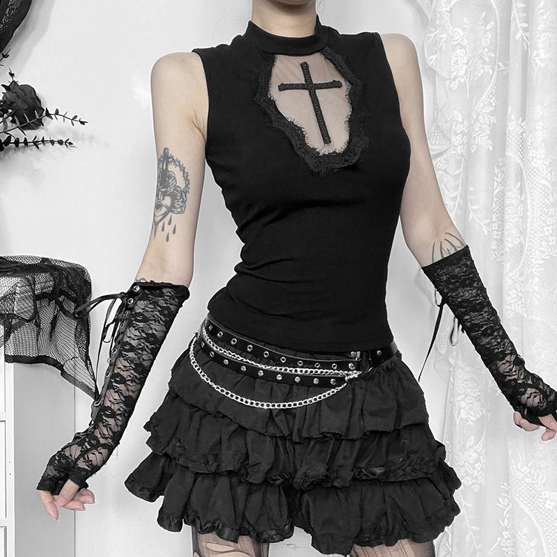 Damen elegantes Oberteil mit transparenten Einsätzen und hohem Kragen EB