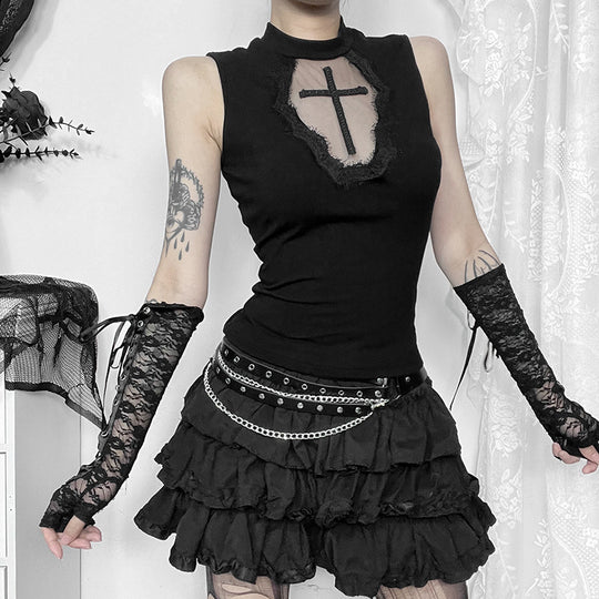 Damen elegantes Oberteil mit transparenten Einsätzen und hohem Kragen EB