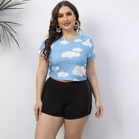 Damen lässiges Cropped T-Shirt mit Wolkenmuster EB
