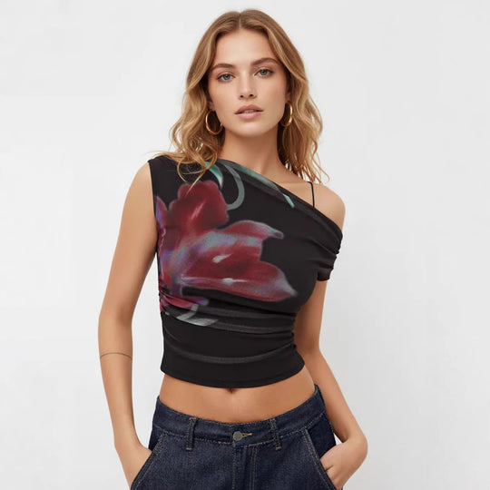 Damen Off-Shoulder Top mit floralem Design und Raffung EB