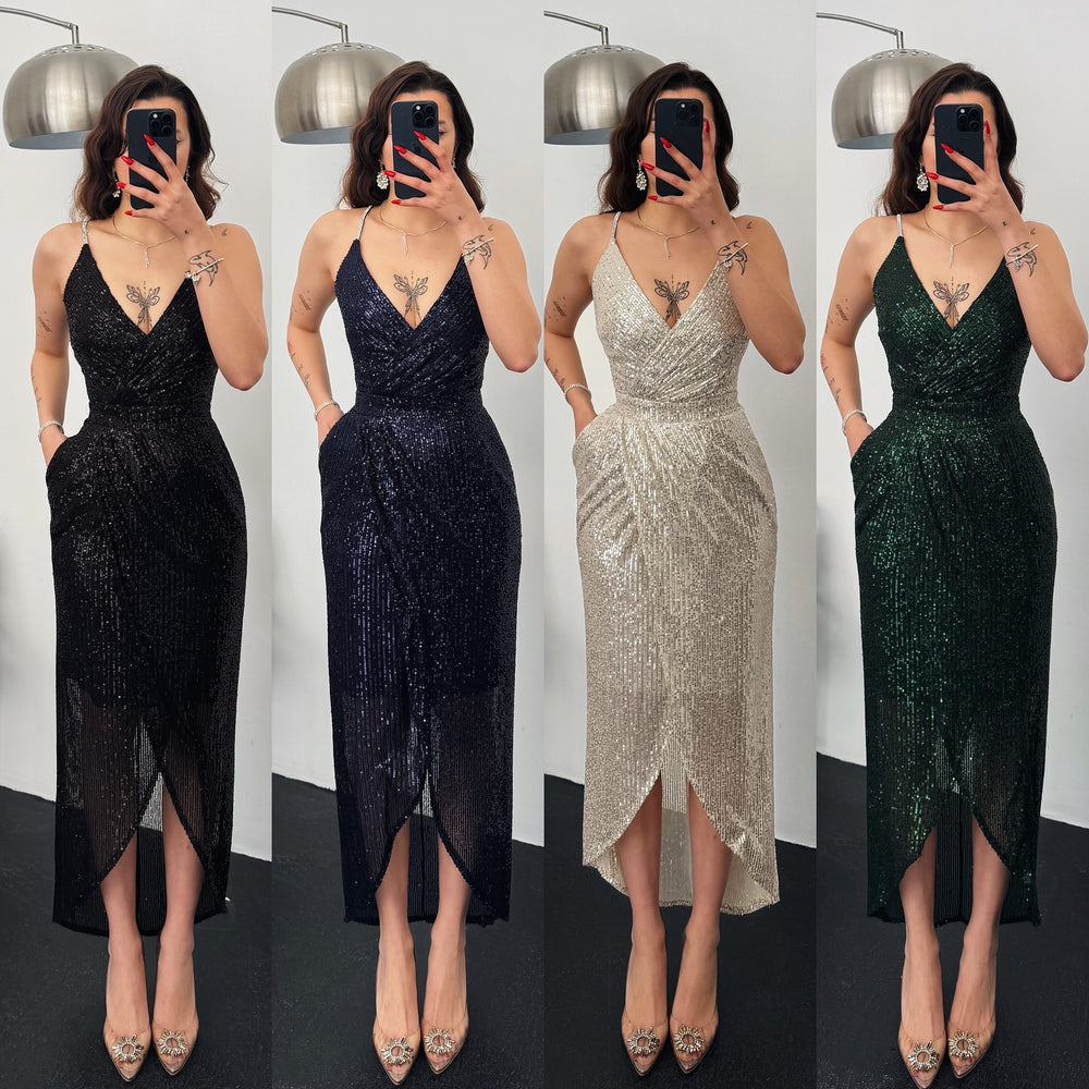 Damen Elegant Funktionskleid mit schimmerndem Paillettenstoff und tiefem V-Ausschnitt EB