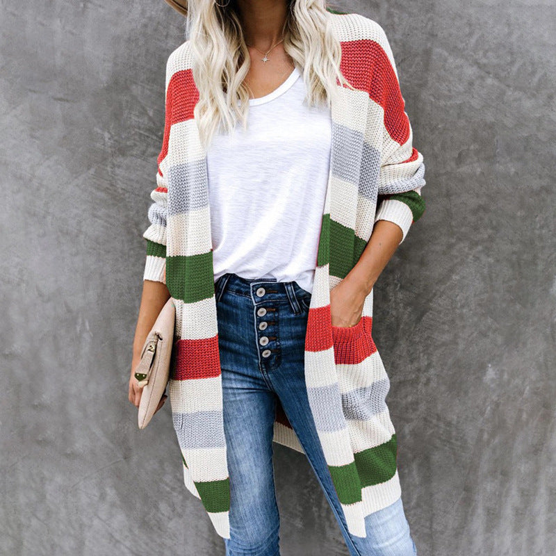 Damen lässige Strickjacke mit modischem Streifenmuster und praktischen Taschen EB