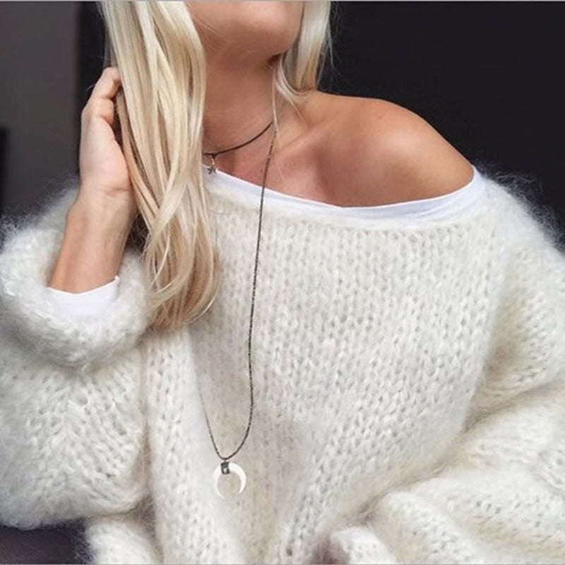 Damen Kurzgeschnitteter flauschiger Grobstrickpullover mit überschnittener Schulter EB