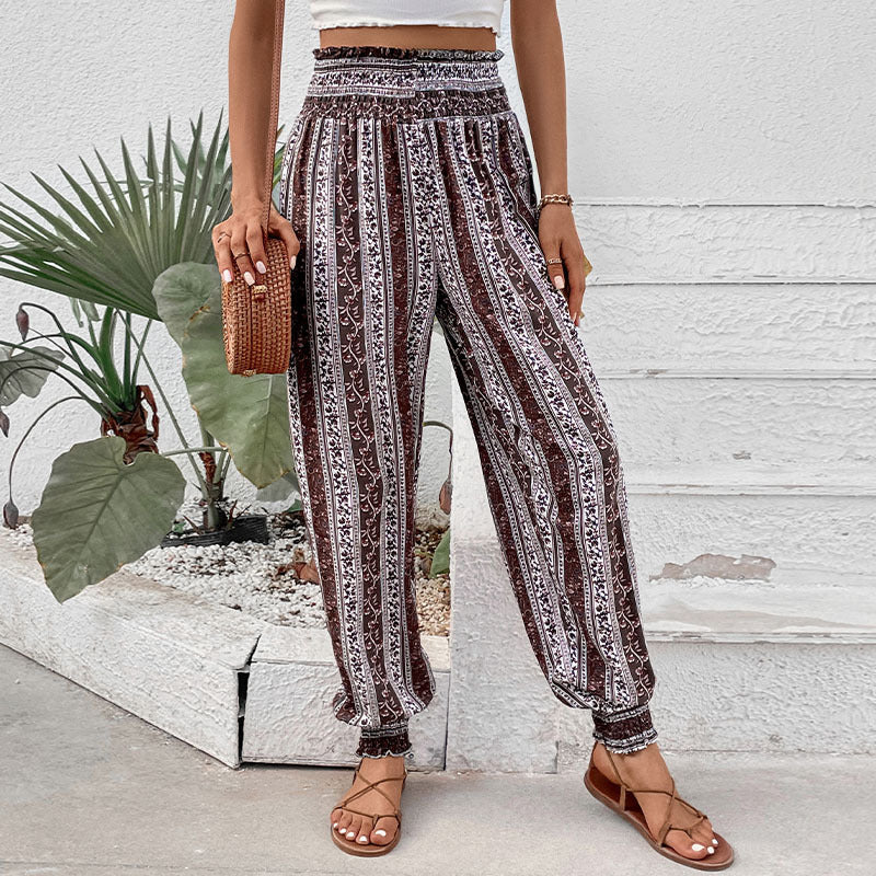 Damen Freizeithose im Bohemian-Stil mit elastischem Bund und Blumenmuster EB
