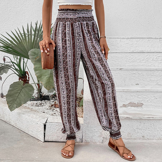 Damen Freizeithose im Bohemian-Stil mit elastischem Bund und Blumenmuster EB