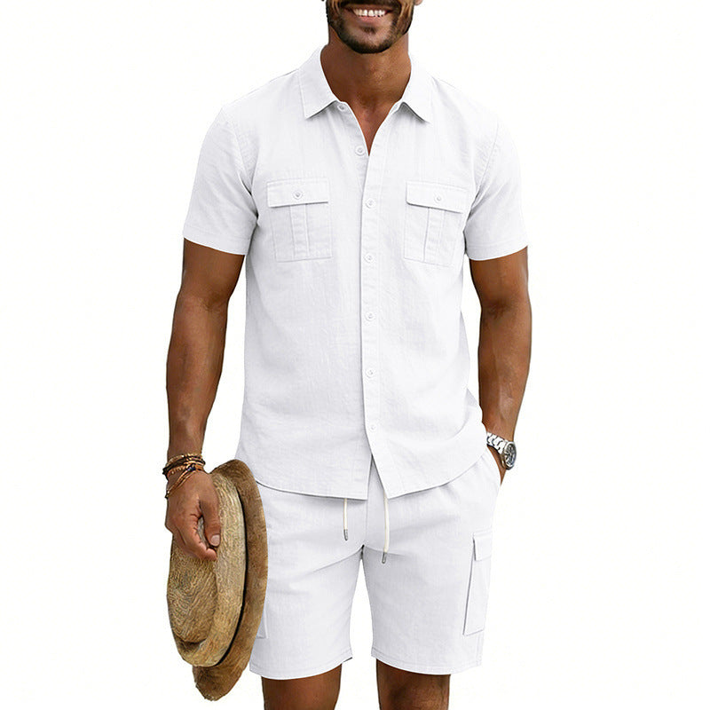 Herren nan sommerliches Freizeitset aus Baumwoll-Leinenmix mit Kurzarm-Hemd und Cargo-Shorts EB
