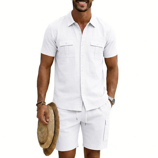 Herren nan sommerliches Freizeitset aus Baumwoll-Leinenmix mit Kurzarm-Hemd und Cargo-Shorts EB