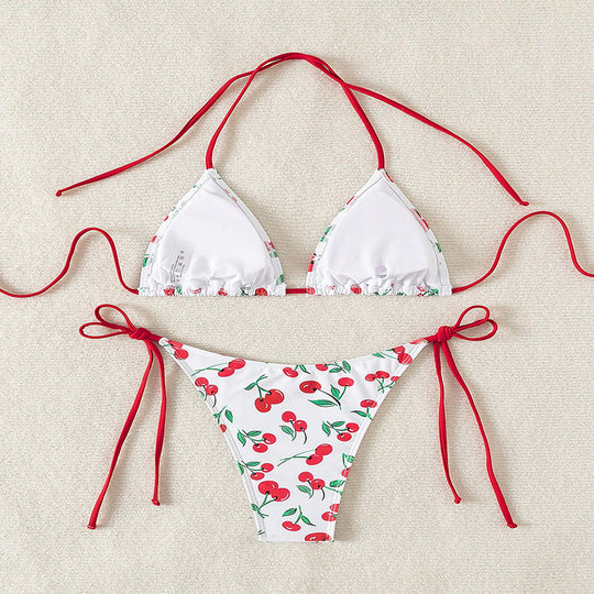 Damen Triangel-Bikini mit Krawattenverschluss und verspieltem Kirschdesign EB