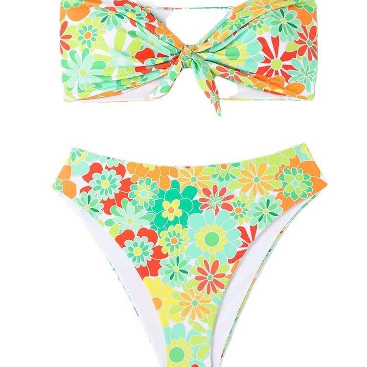 Damen Bandeau Bikini mit modischem Blumenmuster und verspieltem Knotendetail EB