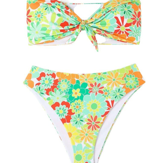 Damen Bandeau Bikini mit modischem Blumenmuster und verspieltem Knotendetail EB