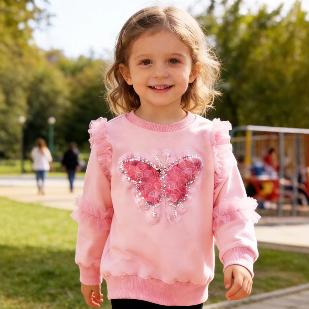 Mädchen Sweatshirt mit glänzendem Schmetterlingsmotiv und Rüschendetails EB