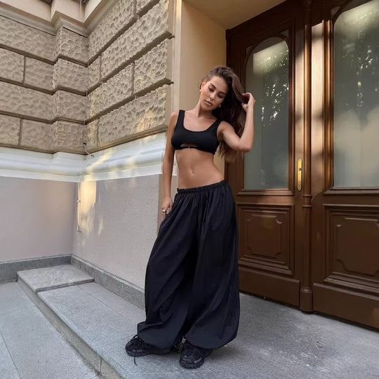 Damen weit geschnittene High-Waist Palazzo-Hose mit elastischem Bund und fließender Sommerqualität Eichborn Berlin