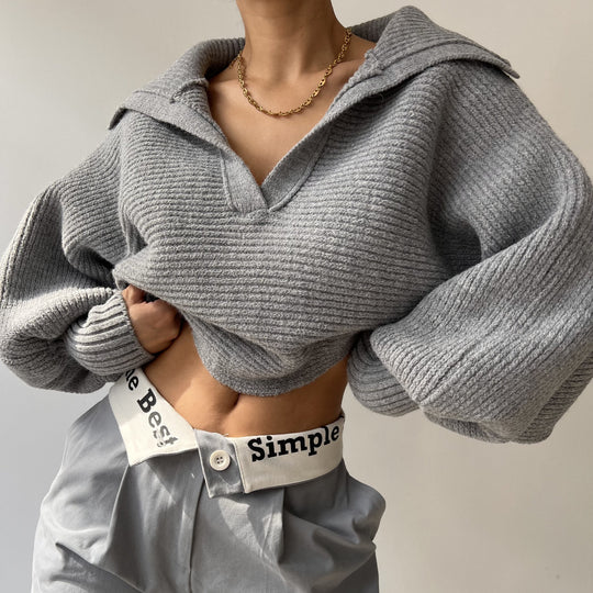 Damen nan Grobstrick-Pullover mit weitem Kragen und V-Ausschnitt EB