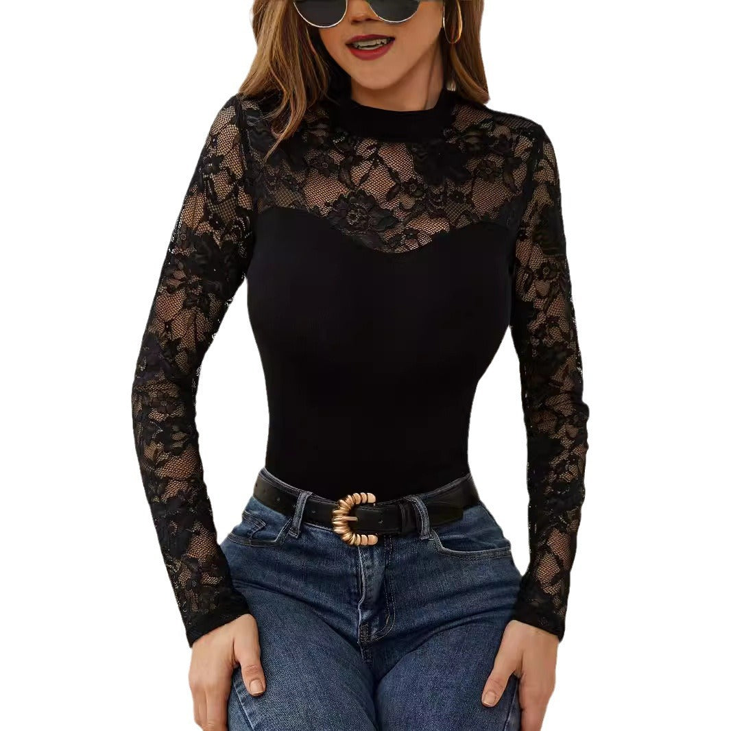 Damen Elegantes Longsleeve-Oberteil mit romantischer Spitze EB