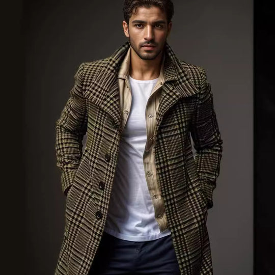 Herren eleganter Karomantel mit großflächigen Taschen und hohem Kragen EB