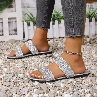 Damen komfortable Glitzer-Sandalen mit breiten Riemen EB