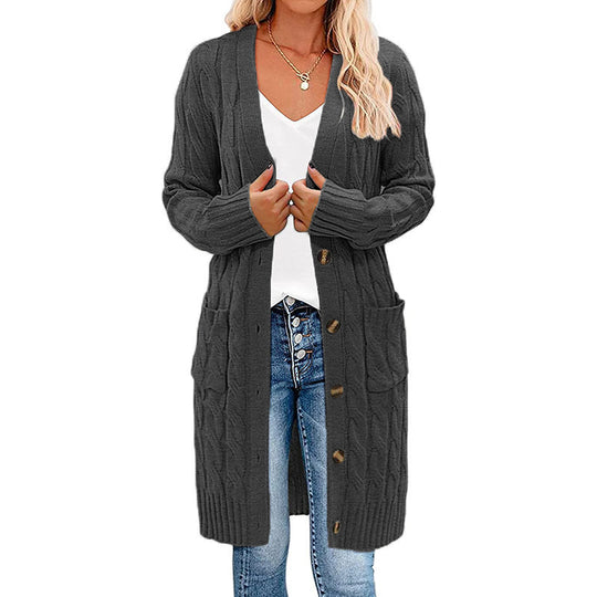Damen Langer Strickcardigan mit Zopfdesign und praktischen Taschen EB