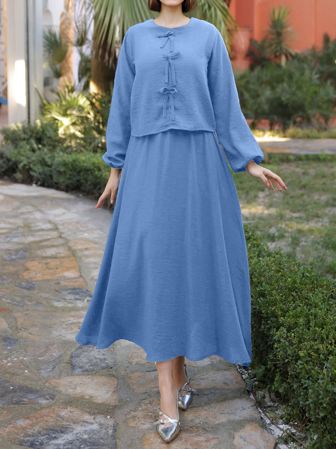 Damen Langes Zweiteiliges Maxikleid mit Überwurf, Rundhals und Zierknoten EB