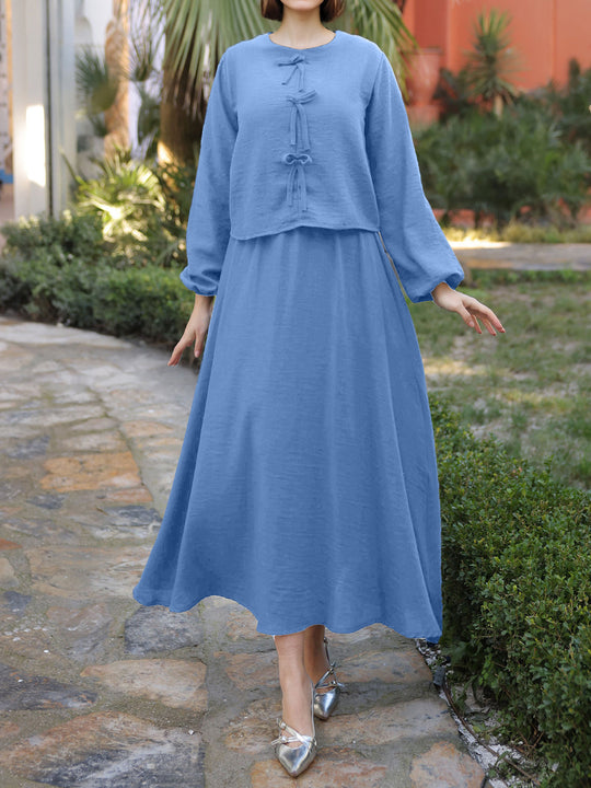 Damen Langes Zweiteiliges Maxikleid mit Überwurf, Rundhals und Zierknoten EB