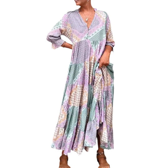 Damen Maxikleid mit einzigartigem Patchwork-Design und seitlichen Taschen Heidi-Mode
