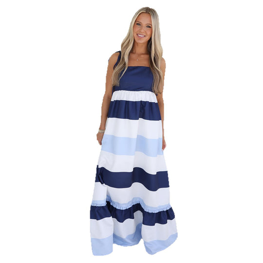Damen Maxikleid mit schwingendem Rock und modischem Streifenmuster EB