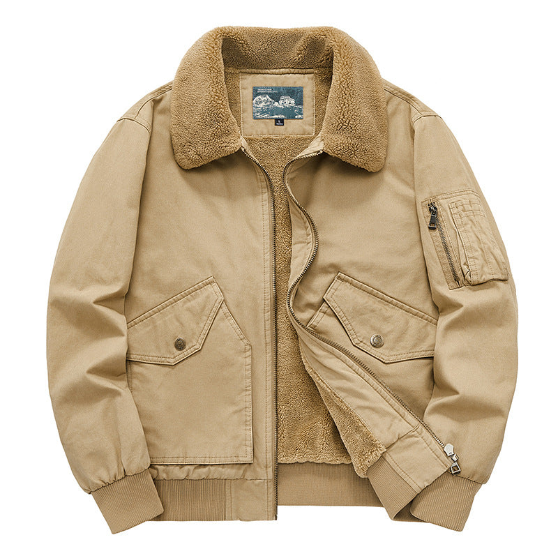 Men's  sherpa-lined cotton canvas aviator jacket with zip sleeve pocket EB