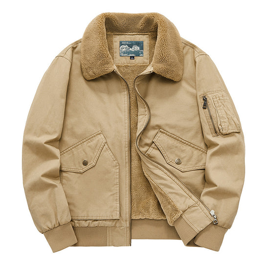 Men's  sherpa-lined cotton canvas aviator jacket with zip sleeve pocket EB